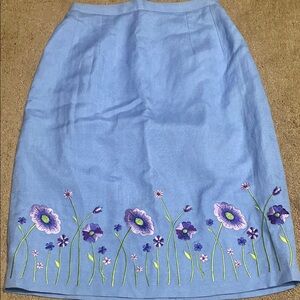 Embellished Blue Linen Pencil Skirt Knee-Length Casual